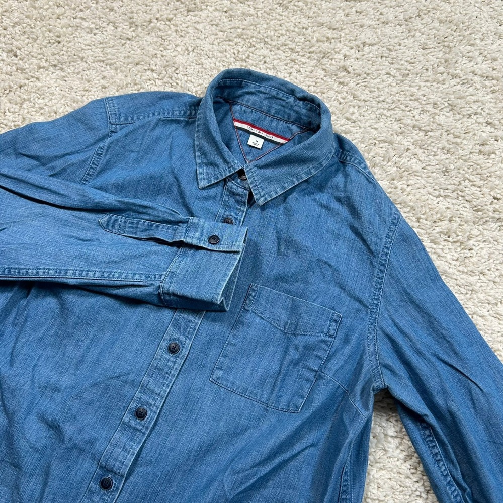 Tommy Hilfiger Button Down Shirt Medium Blue Long Sleeve Chambray Cotton Denim